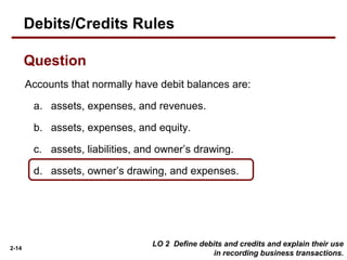 2-14
Accounts that normally have debit balances are:
a. assets, expenses, and revenues.
b. assets, expenses, and equity.
c. assets, liabilities, and owner’s drawing.
d. assets, owner’s drawing, and expenses.
Debits/Credits Rules
Question
LO 2 Define debits and credits and explain their use
in recording business transactions.
 