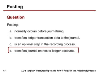 2-27
Posting:
a. normally occurs before journalizing.
b. transfers ledger transaction data to the journal.
c. is an optional step in the recording process.
d. transfers journal entries to ledger accounts.
LO 6 Explain what posting is and how it helps in the recording process.
Posting
Question
 