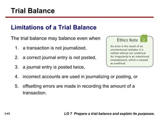 2-43
The trial balance may balance even when
1. a transaction is not journalized,
2. a correct journal entry is not posted,
3. a journal entry is posted twice,
4. incorrect accounts are used in journalizing or posting, or
5. offsetting errors are made in recording the amount of a
transaction.
LO 7 Prepare a trial balance and explain its purposes.
Trial Balance
Limitations of a Trial Balance
 
