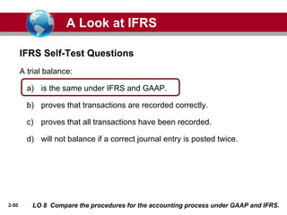 2-50
A trial balance:
a) is the same under IFRS and GAAP.
b) proves that transactions are recorded correctly.
c) proves that all transactions have been recorded.
d) will not balance if a correct journal entry is posted twice.
IFRS Self-Test Questions
A Look at IFRS
LO 8 Compare the procedures for the accounting process under GAAP and IFRS.
 