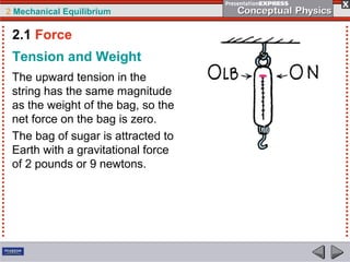 2 Mechanical Equilibrium
Tension and Weight
The upward tension in the
string has the same magnitude
as the weight of the bag, so the
net force on the bag is zero.
The bag of sugar is attracted to
Earth with a gravitational force
of 2 pounds or 9 newtons.
2.1 Force
 