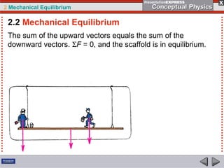 2 Mechanical Equilibrium
The sum of the upward vectors equals the sum of the
downward vectors. ΣF = 0, and the scaffold is in equilibrium.
2.2 Mechanical Equilibrium
 