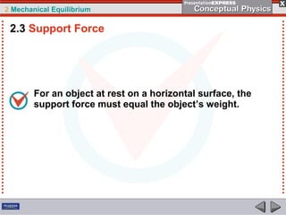 2 Mechanical Equilibrium
For an object at rest on a horizontal surface, the
support force must equal the object’s weight.
2.3 Support Force
 