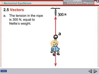 2 Mechanical Equilibrium
a. The tension in the rope
is 300 N, equal to
Nellie’s weight.
2.5 Vectors
 
