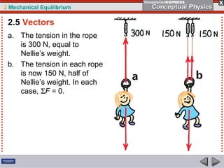 2 Mechanical Equilibrium
a. The tension in the rope
is 300 N, equal to
Nellie’s weight.
b. The tension in each rope
is now 150 N, half of
Nellie’s weight. In each
case, ΣF = 0.
2.5 Vectors
 