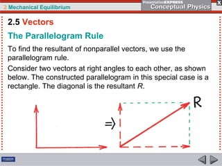 2 Mechanical Equilibrium
The Parallelogram Rule
To find the resultant of nonparallel vectors, we use the
parallelogram rule.
Consider two vectors at right angles to each other, as shown
below. The constructed parallelogram in this special case is a
rectangle. The diagonal is the resultant R.
2.5 Vectors
 