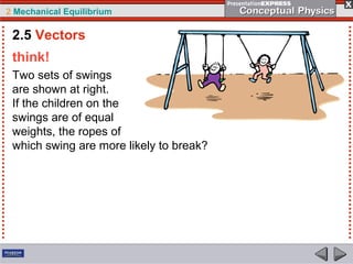 2 Mechanical Equilibrium
think!
Two sets of swings
are shown at right.
If the children on the
swings are of equal
weights, the ropes of
which swing are more likely to break?
2.5 Vectors
 