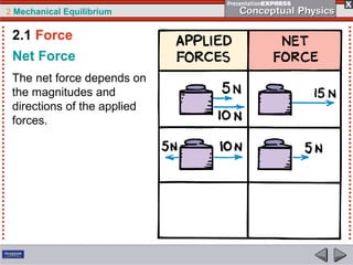 2 Mechanical Equilibrium
Net Force
The net force depends on
the magnitudes and
directions of the applied
forces.
2.1 Force
 