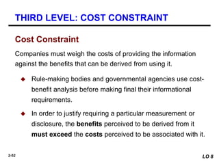 2-52
Companies must weigh the costs of providing the information
against the benefits that can be derived from using it.
 Rule-making bodies and governmental agencies use cost-
benefit analysis before making final their informational
requirements.
 In order to justify requiring a particular measurement or
disclosure, the benefits perceived to be derived from it
must exceed the costs perceived to be associated with it.
Cost Constraint
THIRD LEVEL: COST CONSTRAINT
LO 8
 