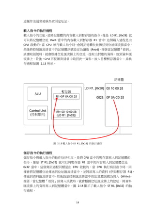 18
這種作法通常被稱為索引定址法。
載入指令的執行過程
載入指令的功能，是將記憶體的內容載入到暫存器的指令。像是 LD R1, [0x28] 就
可以將記憶體位址 0x28 當中的內容載入到暫存器 R1 當中，這個載入過程是由
CPU 啟動的，當 CPU 執行載入指令時，會將記憶體位址傳送到位址匯流排當中，
然後將控制匯流排當中的記憶體訊號設定為讀取 (Read)。接著當記憶體『看到』
該讀取訊號時，就會根據位址匯流排上的位址，提取出對應的資料，放到資料匯
流排上。最後，CPU 再從匯流排當中取回此一資料，放入目標暫存器當中。其執
行過程如圖 2.13 所示。
圖 2.13 載入指令 LD R1, [0x28] 的執行過程
儲存指令的執行過程
儲存指令與載入指令的動作恰好相反，是將 CPU 當中的暫存器寫入到記憶體的
指令。像是 ST R1, [0x32] 就可以將暫存器 R1 當中的內容寫入到記憶體位址
0x32 當中。這個寫回過程同樣是由 CPU 啟動的，當 CPU 執行寫回指令時，同
樣會將記憶體位址傳送到位址匯流排當中，並將欲寫入的資料 (例如暫存器 R1)，
傳送到資料匯流排當中。然後設定控制匯流排當中的記憶體訊號為寫入 (Write)。
接著，當記憶體『看到』該寫入訊號時，就會根據位址匯流排上的位址，將資料
匯流排上的資料寫入到記憶體當中。圖 2.14 顯示了載入指令 ST R1, [0x32] 的執
行過程。
 