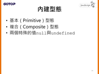 內建型態
• 基本（Primitive）型態
• 複合（Composite）型態
• 兩個特殊的值null與undefined
14
 