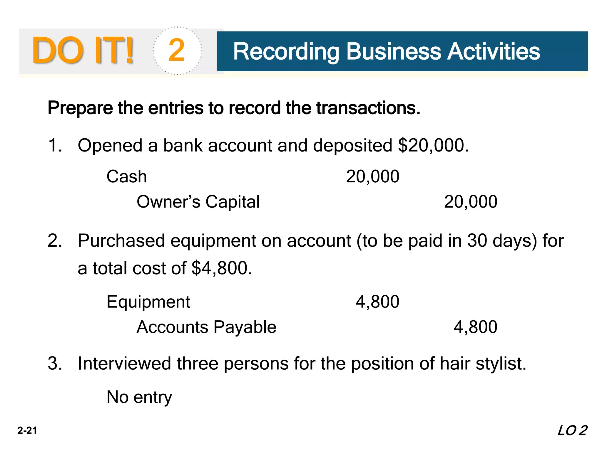 2-21
DO IT! 2 Recording Business Activities
Prepare the entries to record the transactions.
1. Opened a bank account and deposited $20,000.
2. Purchased equipment on account (to be paid in 30 days) for
a total cost of $4,800.
3. Interviewed three persons for the position of hair stylist.
Cash 20,000
Owner’s Capital 20,000
Equipment 4,800
Accounts Payable 4,800
No entry
LO 2
 
