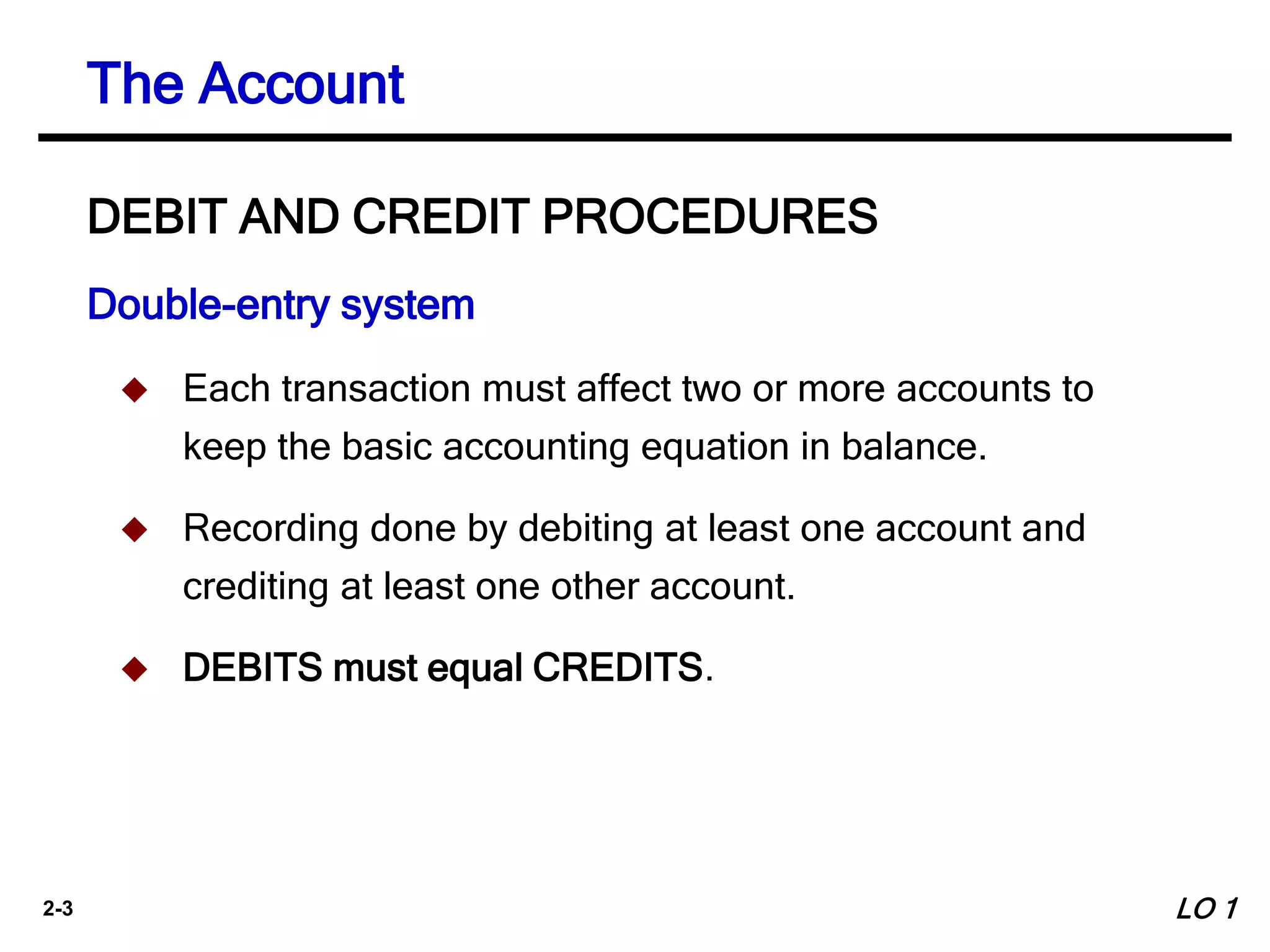 2-3
Double-entry system
 Each transaction must affect two or more accounts to
keep the basic accounting equation in balance.
 Recording done by debiting at least one account and
crediting at least one other account.
 DEBITS must equal CREDITS.
DEBIT AND CREDIT PROCEDURES
The Account
LO 1
 