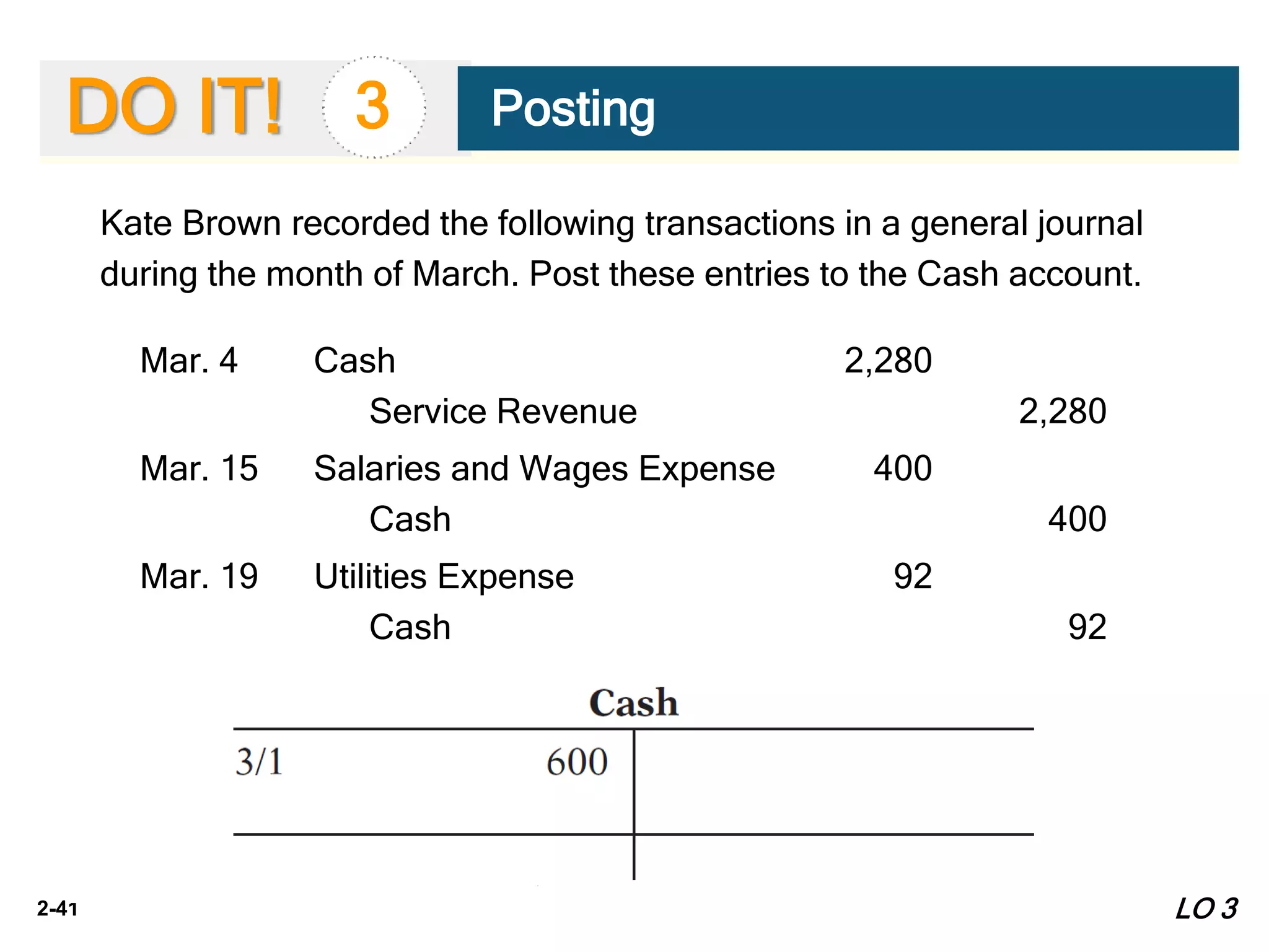 2-41
DO IT!
Kate Brown recorded the following transactions in a general journal
during the month of March. Post these entries to the Cash account.
Mar. 4 Cash 2,280
Service Revenue 2,280
Mar. 15 Salaries and Wages Expense 400
Cash 400
Mar. 19 Utilities Expense 92
Cash 92
3 Posting
LO 3
 