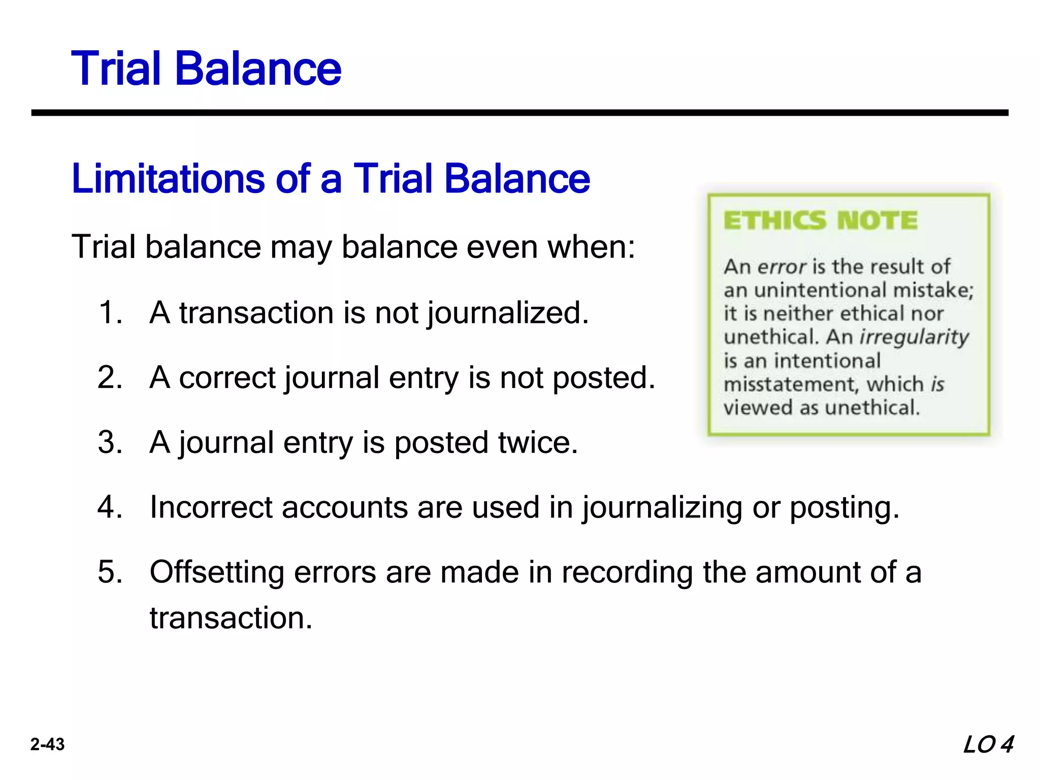 2-43
Trial balance may balance even when:
1. A transaction is not journalized.
2. A correct journal entry is not posted.
3. A journal entry is posted twice.
4. Incorrect accounts are used in journalizing or posting.
5. Offsetting errors are made in recording the amount of a
transaction.
Trial Balance
Limitations of a Trial Balance
LO 4
 
