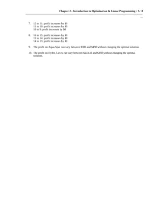 Chapter 2 - Introduction to Optimization & Linear Programming : S-12
———————————————————————————————————————————
—
7. 12 to 11: profit increases by $0
11 to 10: profit increases by $0
10 to 9: profit increases by $0
8. 16 to 15: profit increases by $0
15 to 14: profit increases by $0
14 to 13: profit increases by $0
9. The profit on Aqua-Spas can vary between $300 and $450 without changing the optimal solution.
10. The profit on Hydro-Luxes can vary between $233.33 and $350 without changing the optimal
solution.
 