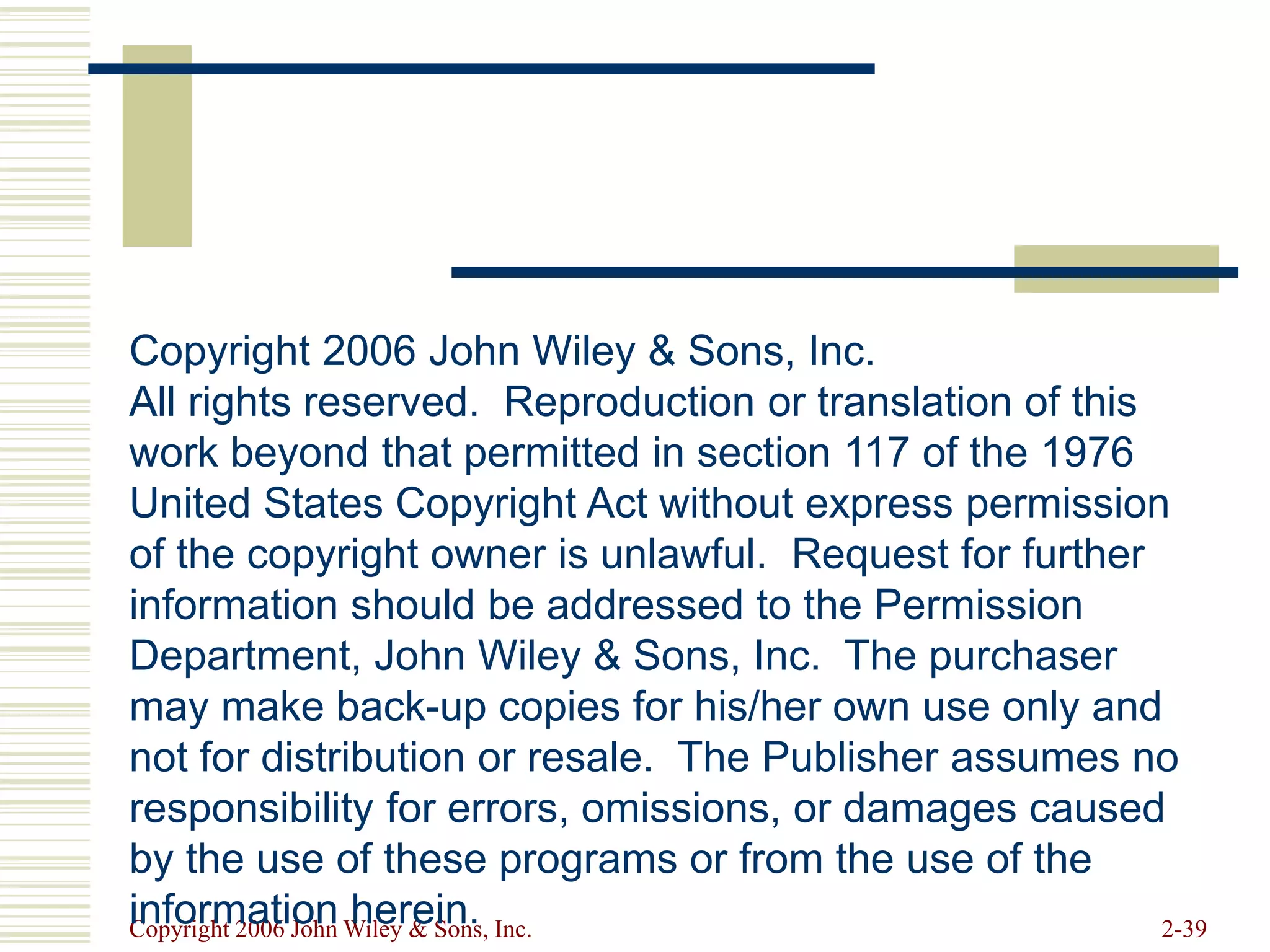 Copyright 2006 John Wiley & Sons, Inc. 2-39
Copyright 2006 John Wiley & Sons, Inc.
All rights reserved. Reproduction or translation of this
work beyond that permitted in section 117 of the 1976
United States Copyright Act without express permission
of the copyright owner is unlawful. Request for further
information should be addressed to the Permission
Department, John Wiley & Sons, Inc. The purchaser
may make back-up copies for his/her own use only and
not for distribution or resale. The Publisher assumes no
responsibility for errors, omissions, or damages caused
by the use of these programs or from the use of the
information herein.
 