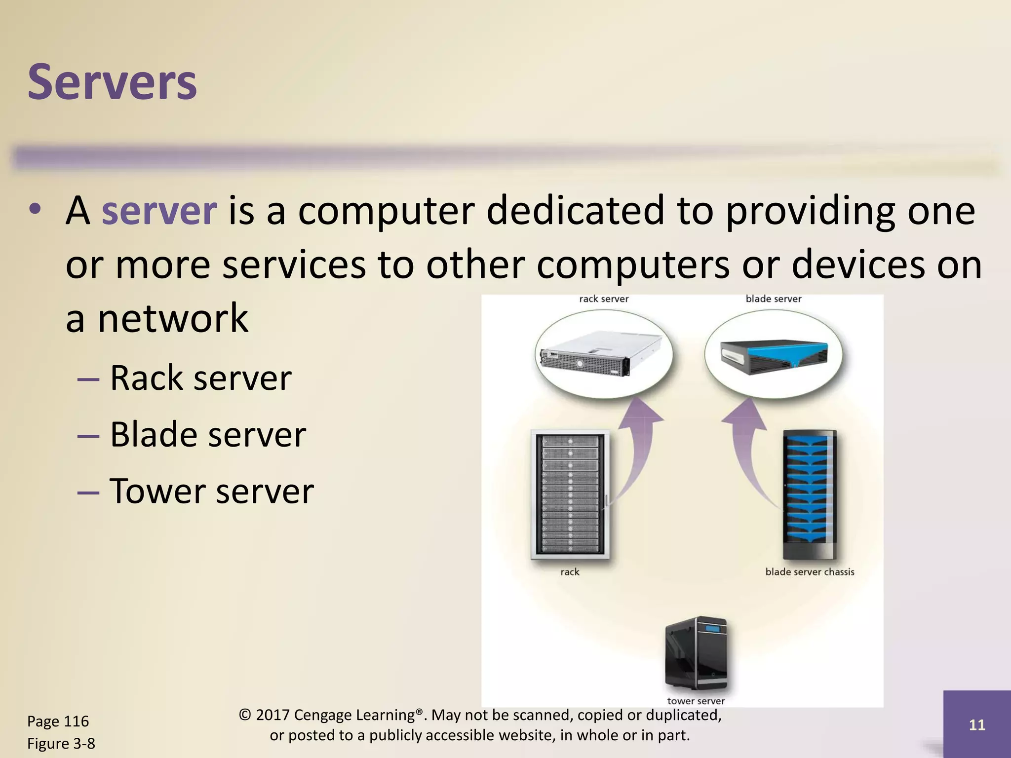 Servers
• A server is a computer dedicated to providing one
or more services to other computers or devices on
a network
– Rack server
– Blade server
– Tower server
11
Page 116
Figure 3-8
© 2017 Cengage Learning®. May not be scanned, copied or duplicated,
or posted to a publicly accessible website, in whole or in part.
 