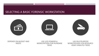 SELECTING WORKSTATIONS FOR A LAB
Police labs have the most diverse needs for computing investigation
tools
• A lab might n...