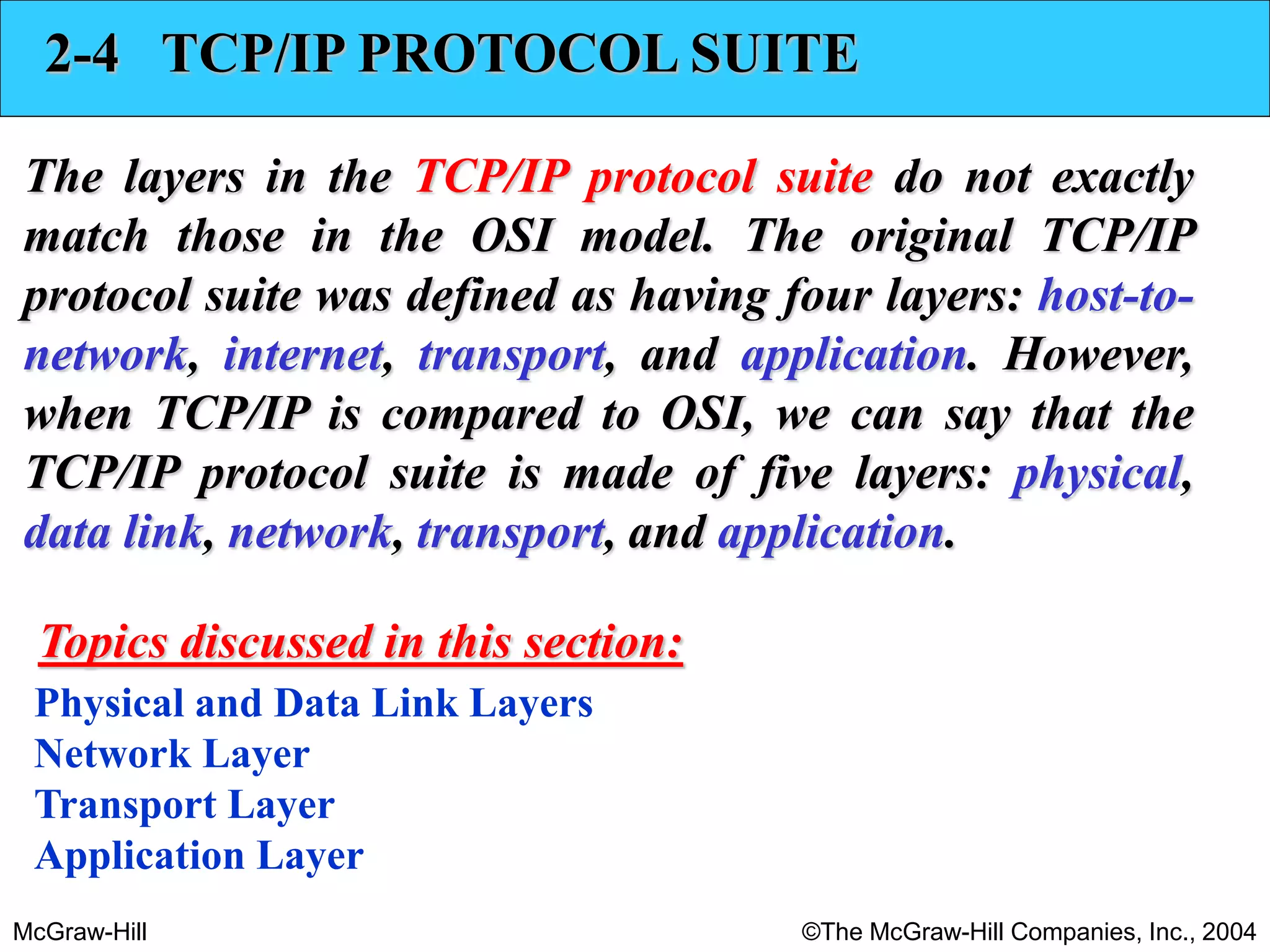 McGraw-Hill ©The McGraw-Hill Companies, Inc., 2004
2-4 TCP/IP PROTOCOL SUITE
The layers in the TCP/IP protocol suite do not exactly
match those in the OSI model. The original TCP/IP
protocol suite was defined as having four layers: host-to-
network, internet, transport, and application. However,
when TCP/IP is compared to OSI, we can say that the
TCP/IP protocol suite is made of five layers: physical,
data link, network, transport, and application.
Physical and Data Link Layers
Network Layer
Transport Layer
Application Layer
Topics discussed in this section:
 