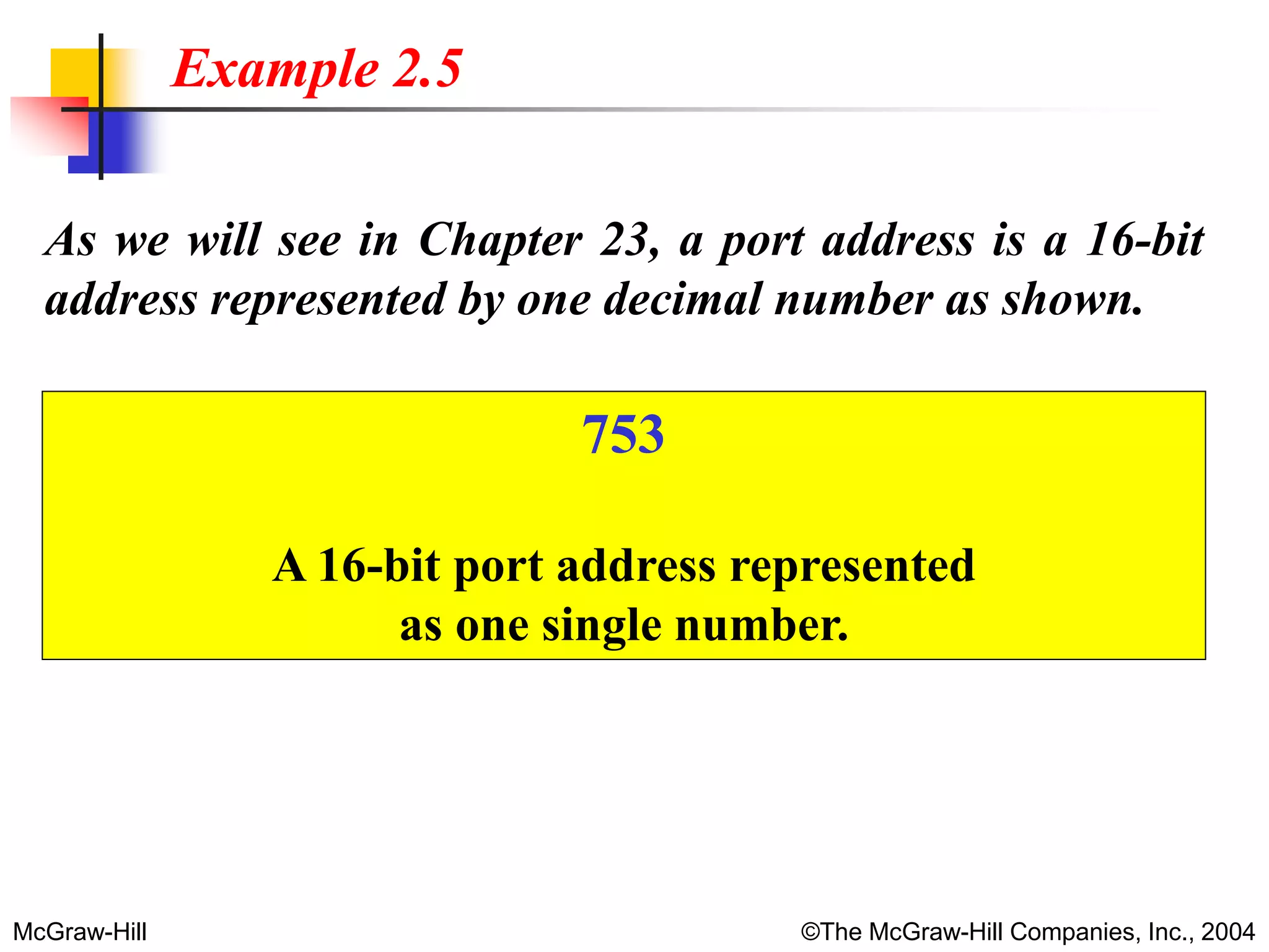 McGraw-Hill ©The McGraw-Hill Companies, Inc., 2004
Example 2.5
As we will see in Chapter 23, a port address is a 16-bit
address represented by one decimal number as shown.
753
A 16-bit port address represented
as one single number.
 