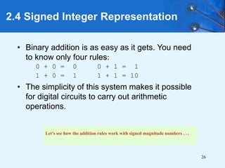 26
2.4 Signed Integer Representation
• Binary addition is as easy as it gets. You need
to know only four rules:
0 + 0 = 0 0 + 1 = 1
1 + 0 = 1 1 + 1 = 10
• The simplicity of this system makes it possible
for digital circuits to carry out arithmetic
operations.
Let’s see how the addition rules work with signed magnitude numbers . . .
 