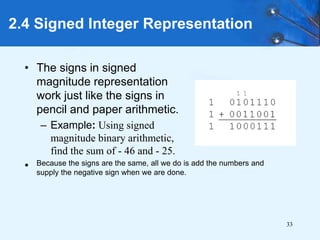 33
2.4 Signed Integer Representation
• The signs in signed
magnitude representation
work just like the signs in
pencil and paper arithmetic.
– Example: Using signed
magnitude binary arithmetic,
find the sum of - 46 and - 25.
• Because the signs are the same, all we do is add the numbers and
supply the negative sign when we are done.
 