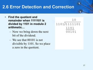 57
• Find the quotient and
remainder when 1111101 is
divided by 1101 in modulo 2
arithmetic…
– Now we bring down the next
bit of the dividend.
– We see that 00101 is not
divisible by 1101. So we place
a zero in the quotient.
2.6 Error Detection and Correction
 
