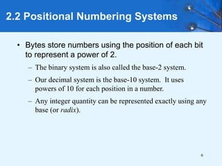 6
2.2 Positional Numbering Systems
• Bytes store numbers using the position of each bit
to represent a power of 2.
– The binary system is also called the base-2 system.
– Our decimal system is the base-10 system. It uses
powers of 10 for each position in a number.
– Any integer quantity can be represented exactly using any
base (or radix).
 