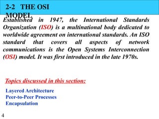 4
2-2 THE OSI
MODEL
Established in 1947, the International Standards
Organization (ISO) is a multinational body dedicated to
worldwide agreement on international standards. An ISO
standard that covers all aspects of network
communications is the Open Systems Interconnection
(OSI) model. It was first introduced in the late 1970s.
Layered Architecture
Peer-to-Peer Processes
Encapsulation
Topics discussed in this section:
 