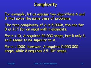 Fall 2002 CMSC 203 - Discrete Structures 14
Complexity
Complexity
For example, let us assume two algorithms A and
For example, let us assume two algorithms A and
B that solve the same class of problems.
B that solve the same class of problems.
The time complexity of A is 5,000n, the one for
The time complexity of A is 5,000n, the one for
B is
B is 
1.1
1.1n
n

 for an input with n elements.
for an input with n elements.
For n = 10, A requires 50,000 steps, but B only 3,
For n = 10, A requires 50,000 steps, but B only 3,
so B seems to be superior to A.
so B seems to be superior to A.
For n = 1000, however, A requires 5,000,000
For n = 1000, however, A requires 5,000,000
steps, while B requires 2.5
steps, while B requires 2.5
10
1041
41
steps.
steps.
 