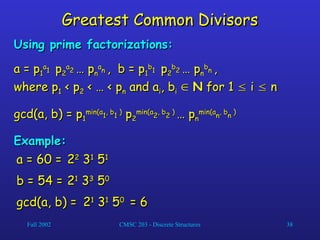Fall 2002 CMSC 203 - Discrete Structures 38
Greatest Common Divisors
Greatest Common Divisors
Using prime factorizations:
Using prime factorizations:
a = p
a = p1
1
a
a
1
1 p
p2
2
a
a
2
2 … p
… pn
n
a
a
n
n , b = p
, b = p1
1
b
b
1
1 p
p2
2
b
b
2
2 … p
… pn
n
b
b
n
n ,
,
where p
where p1
1 < p
< p2
2 < … < p
< … < pn
n and a
and ai
i, b
, bi
i 
 N
N for 1
for 1 
 i
i 
 n
n
gcd(a, b) = p
gcd(a, b) = p1
1
min(a
min(a
1
1, b
, b
1
1 )
)
p
p2
2
min(a
min(a
2
2, b
, b
2
2 )
)
… p
… pn
n
min(a
min(a
n
n, b
, b
n
n )
)
Example:
Example:
a = 60 =
a = 60 = 2
22
2
3
31
1
5
51
1
b = 54 =
b = 54 = 2
21
1
3
33
3
5
50
0
gcd(a, b) =
gcd(a, b) = 2
21
1
3
31
1
5
50
0
= 6
= 6
 