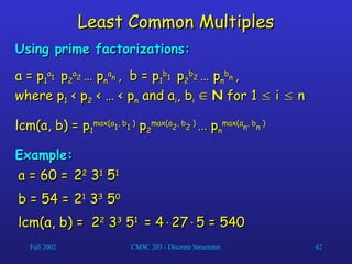 Fall 2002 CMSC 203 - Discrete Structures 42
Least Common Multiples
Least Common Multiples
Using prime factorizations:
Using prime factorizations:
a = p
a = p1
1
a
a
1
1 p
p2
2
a
a
2
2 … p
… pn
n
a
a
n
n , b = p
, b = p1
1
b
b
1
1 p
p2
2
b
b
2
2 … p
… pn
n
b
b
n
n ,
,
where p
where p1
1 < p
< p2
2 < … < p
< … < pn
n and a
and ai
i, b
, bi
i 
 N
N for 1
for 1 
 i
i 
 n
n
lcm(a, b) = p
lcm(a, b) = p1
1
max(a
max(a
1
1, b
, b
1
1 )
)
p
p2
2
max(a
max(a
2
2, b
, b
2
2 )
)
… p
… pn
n
max(a
max(a
n
n, b
, b
n
n )
)
Example:
Example:
a = 60 =
a = 60 = 2
22
2
3
31
1
5
51
1
b = 54 =
b = 54 = 2
21
1
3
33
3
5
50
0
lcm(a, b) =
lcm(a, b) = 2
22
2
3
33
3
5
51
1
= 4
= 4
27
27
5 = 540
5 = 540
 