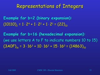 Fall 2002 CMSC 203 - Discrete Structures 53
Representations of Integers
Representations of Integers
Example for b=2 (binary expansion):
Example for b=2 (binary expansion):
(10110)
(10110)2
2 = 1
= 1
2
24
4
+ 1
+ 1
2
22
2
+ 1
+ 1
2
21
1
= (22)
= (22)10
10
Example for b=16 (hexadecimal expansion):
Example for b=16 (hexadecimal expansion):
(we use letters A to F to indicate numbers 10 to 15)
(we use letters A to F to indicate numbers 10 to 15)
(3A0F)
(3A0F)16
16 = 3
= 3
16
163
3
+ 10
+ 10
16
162
2
+ 15
+ 15
16
160
0
= (14863)
= (14863)10
10
 