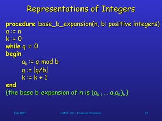 Fall 2002 CMSC 203 - Discrete Structures 56
Representations of Integers
Representations of Integers
procedure
procedure base_b_expansion(n, b: positive integers)
base_b_expansion(n, b: positive integers)
q := n
q := n
k := 0
k := 0
while
while q
q 
 0
0
begin
begin
a
ak
k := q mod b
:= q mod b
q :=
q := 
q/b
q/b

k := k + 1
k := k + 1
end
end
{the base b expansion of n is (a
{the base b expansion of n is (ak-1
k-1 … a
… a1
1a
a0
0)
)b
b }
}
 
