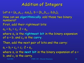 Fall 2002 CMSC 203 - Discrete Structures 58
Addition of Integers
Addition of Integers
Let a = (a
Let a = (an-1
n-1a
an-2
n-2…a
…a1
1a
a0
0)
)2
2, b = (b
, b = (bn-1
n-1b
bn-2
n-2…b
…b1
1b
b0
0)
)2.
2.
How can we
How can we algorithmically
algorithmically add these two binary
add these two binary
numbers?
numbers?
First, add their rightmost bits:
First, add their rightmost bits:
a
a0
0 + b
+ b0
0 = c
= c0
0
2 + s
2 + s0
0,
,
where s
where s0
0 is the
is the rightmost bit
rightmost bit in the binary expansion
in the binary expansion
of a + b, and c
of a + b, and c0
0 is the
is the carry
carry.
.
Then, add the next pair of bits and the carry:
Then, add the next pair of bits and the carry:
a
a1
1 + b
+ b1
1 + c
+ c0
0 = c
= c1
1
2 + s
2 + s1
1,
,
where s
where s1
1 is the
is the next bit
next bit in the binary expansion of a +
in the binary expansion of a +
b, and c
b, and c1
1 is the carry.
is the carry.
 