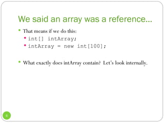 We said an array was a reference…
6
 That means if we do this:
 int[] intArray;
 intArray = new int[100];
 What exactly does intArray contain? Let’s look internally.
 