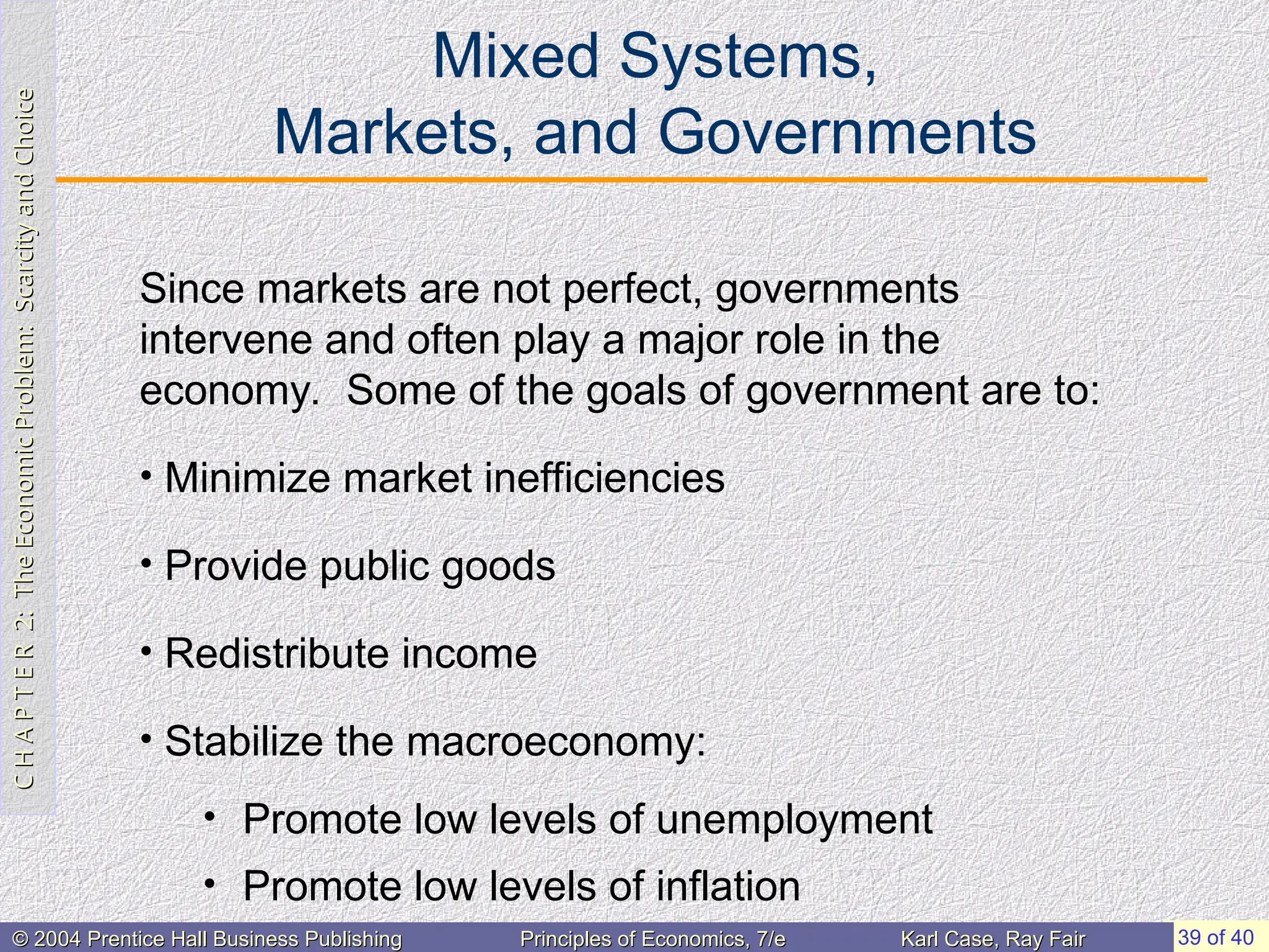C
H
A
P
T
E
R
2:
The
Economic
Problem:
Scarcity
and
Choice
C
H
A
P
T
E
R
2:
The
Economic
Problem:
Scarcity
and
Choice
39 of 40
© 2004 Prentice Hall Business Publishing
© 2004 Prentice Hall Business Publishing Principles of Economics, 7/e
Principles of Economics, 7/e Karl Case, Ray Fair
Karl Case, Ray Fair
Mixed Systems,
Markets, and Governments
Since markets are not perfect, governments
intervene and often play a major role in the
economy. Some of the goals of government are to:
• Minimize market inefficiencies
• Provide public goods
• Redistribute income
• Stabilize the macroeconomy:
• Promote low levels of unemployment
• Promote low levels of inflation
 