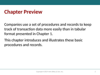 2
Copyright ©2019 John Wiley & Son, Inc.
Chapter Preview
Companies use a set of procedures and records to keep
track of transaction data more easily than in tabular
format presented in Chapter 1.
This chapter introduces and illustrates these basic
procedures and records.
 