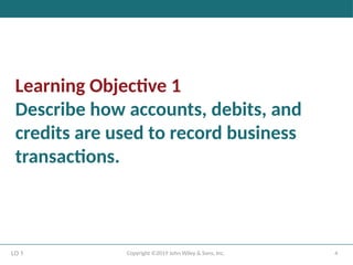 4
Copyright ©2019 John Wiley & Sons, Inc.
Learning Objective 1
Describe how accounts, debits, and
credits are used to record business
transactions.
LO 1
 