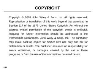 2-48
Copyright © 2018 John Wiley & Sons, Inc. All rights reserved.
Reproduction or translation of this work beyond that permitted in
Section 117 of the 1976 United States Copyright Act without the
express written permission of the copyright owner is unlawful.
Request for further information should be addressed to the
Permissions Department, John Wiley & Sons, Inc. The purchaser
may make back-up copies for his/her own use only and not for
distribution or resale. The Publisher assumes no responsibility for
errors, omissions, or damages, caused by the use of these
programs or from the use of the information contained herein.
COPYRIGHT
 