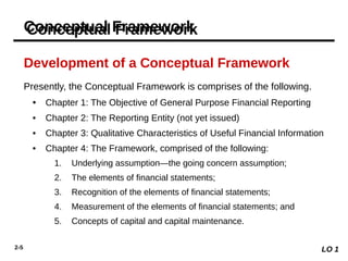 2-5
Development of a Conceptual Framework
Presently, the Conceptual Framework is comprises of the following.
• Chapter 1: The Objective of General Purpose Financial Reporting
• Chapter 2: The Reporting Entity (not yet issued)
• Chapter 3: Qualitative Characteristics of Useful Financial Information
• Chapter 4: The Framework, comprised of the following:
1. Underlying assumption—the going concern assumption;
2. The elements of financial statements;
3. Recognition of the elements of financial statements;
4. Measurement of the elements of financial statements; and
5. Concepts of capital and capital maintenance.
LO 1
Conceptual Framework
 