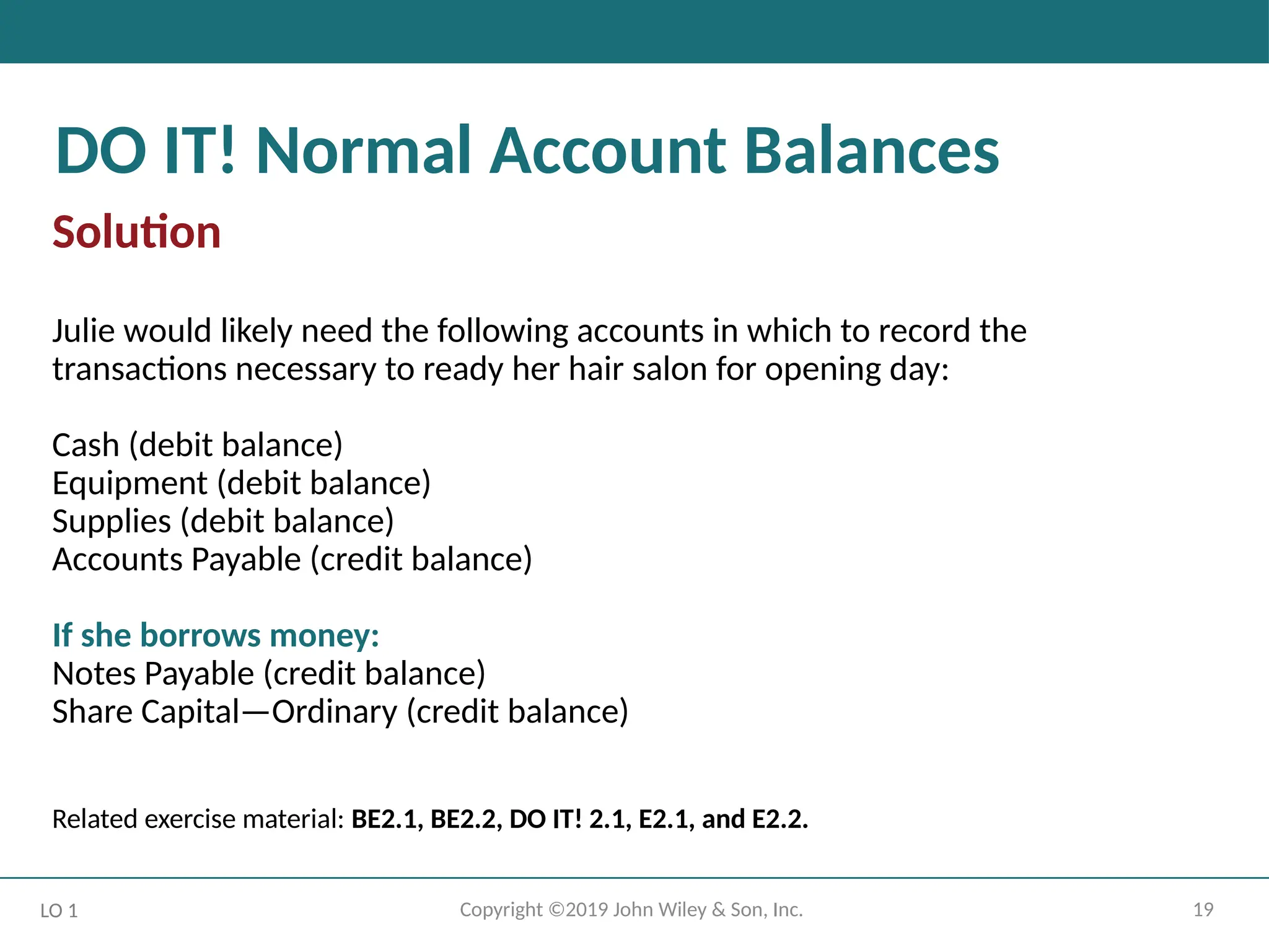 19
Copyright ©2019 John Wiley & Son, Inc.
DO IT! Normal Account Balances
Solution
Julie would likely need the following accounts in which to record the
transactions necessary to ready her hair salon for opening day:
Cash (debit balance)
Equipment (debit balance)
Supplies (debit balance)
Accounts Payable (credit balance)
If she borrows money:
Notes Payable (credit balance)
Share Capital—Ordinary (credit balance)
Related exercise material: BE2.1, BE2.2, DO IT! 2.1, E2.1, and E2.2.
LO 1
 