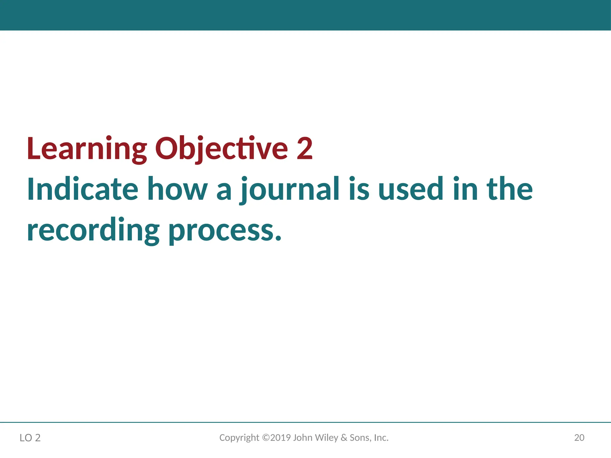 20
Copyright ©2019 John Wiley & Sons, Inc.
Learning Objective 2
Indicate how a journal is used in the
recording process.
LO 2
 