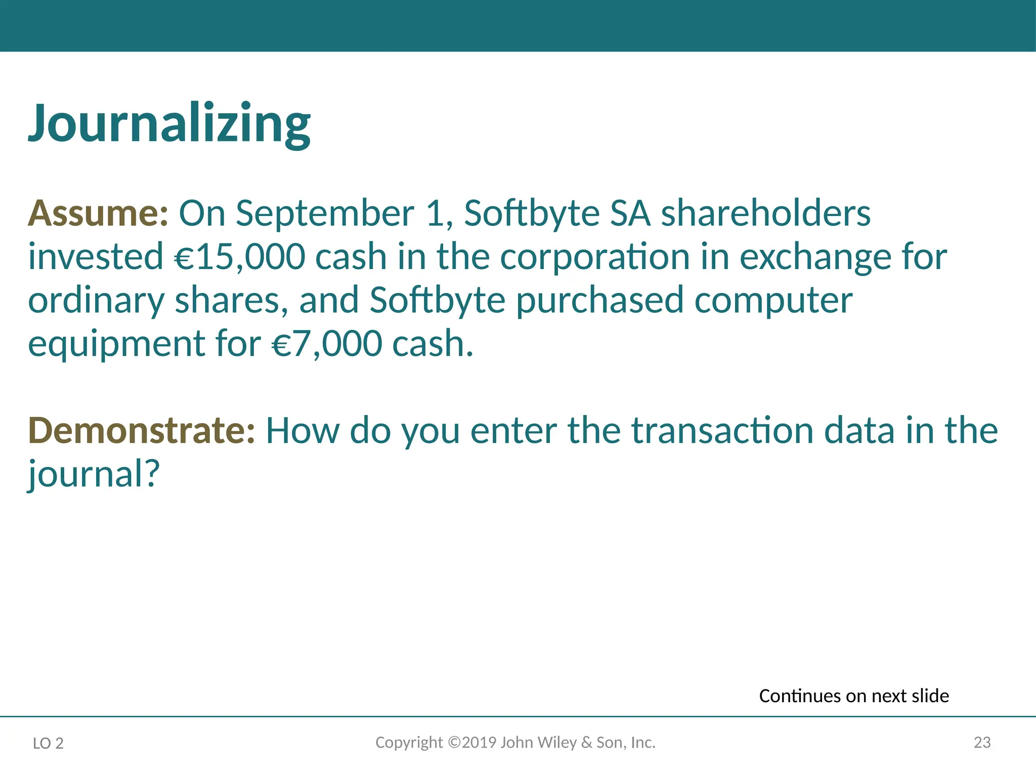 23
Copyright ©2019 John Wiley & Son, Inc.
Journalizing
Assume: On September 1, Softbyte SA shareholders
invested €15,000 cash in the corporation in exchange for
ordinary shares, and Softbyte purchased computer
equipment for €7,000 cash.
Demonstrate: How do you enter the transaction data in the
journal?
LO 2
Continues on next slide
 