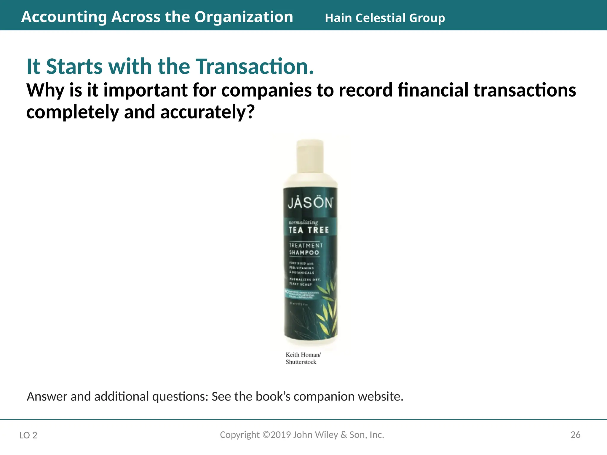 26
Copyright ©2019 John Wiley & Son, Inc.
It Starts with the Transaction.
Why is it important for companies to record financial transactions
completely and accurately?
LO 2
Accounting Across the Organization Hain Celestial Group
Answer and additional questions: See the book’s companion website.
 