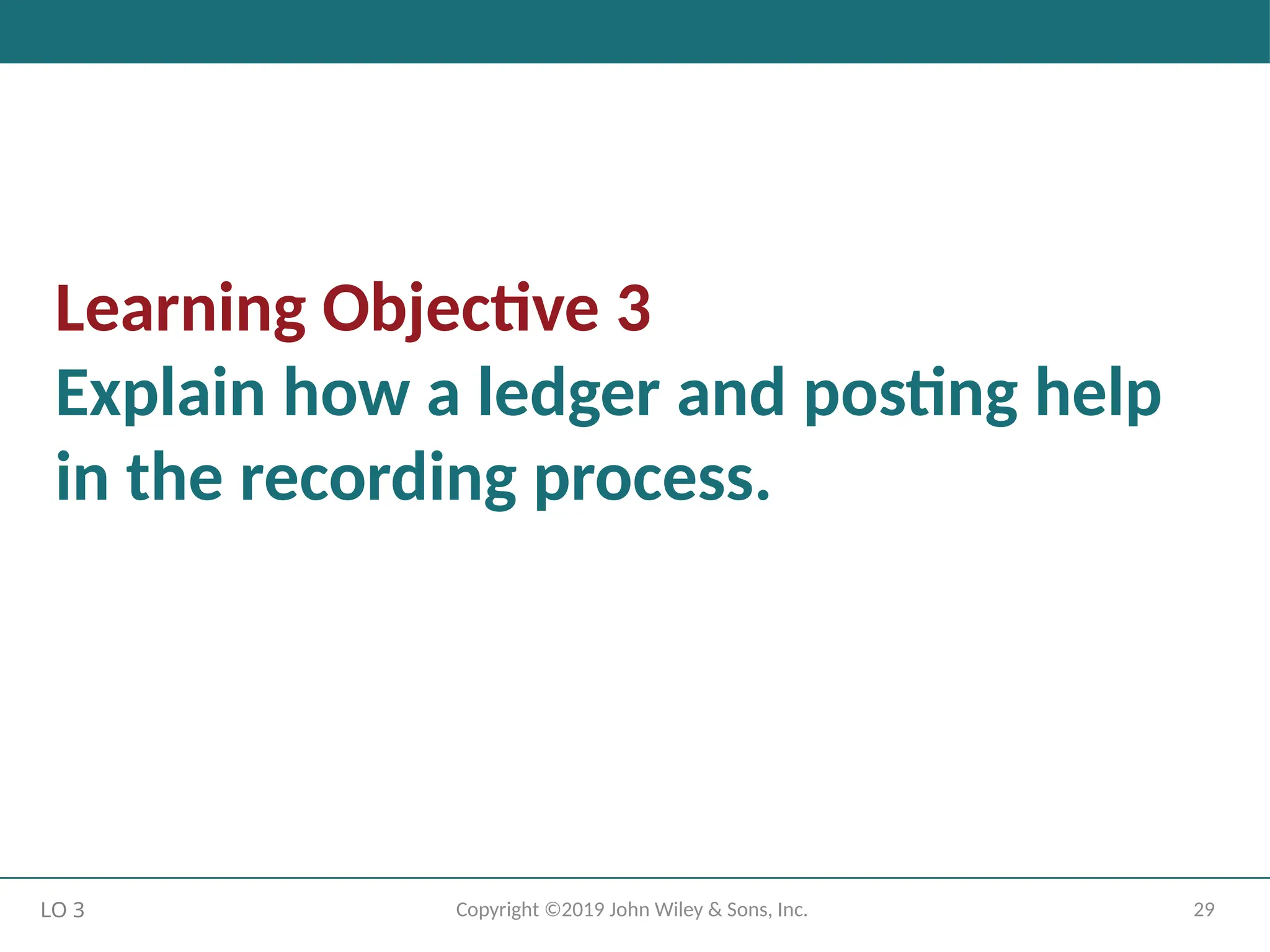 29
Copyright ©2019 John Wiley & Sons, Inc.
Learning Objective 3
Explain how a ledger and posting help
in the recording process.
LO 3
 