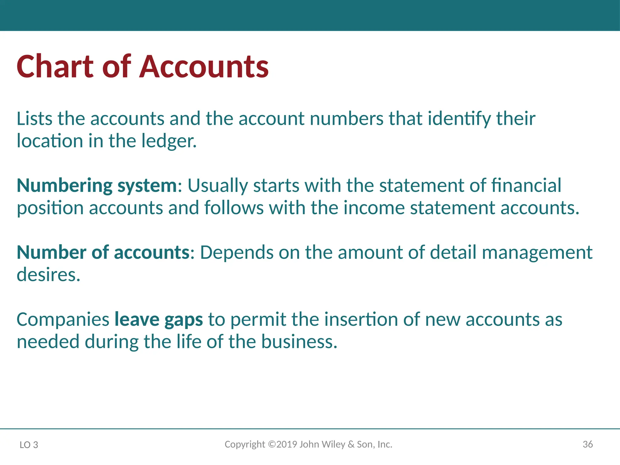 36
Copyright ©2019 John Wiley & Son, Inc.
Chart of Accounts
Lists the accounts and the account numbers that identify their
location in the ledger.
Numbering system: Usually starts with the statement of financial
position accounts and follows with the income statement accounts.
Number of accounts: Depends on the amount of detail management
desires.
Companies leave gaps to permit the insertion of new accounts as
needed during the life of the business.
LO 3
 