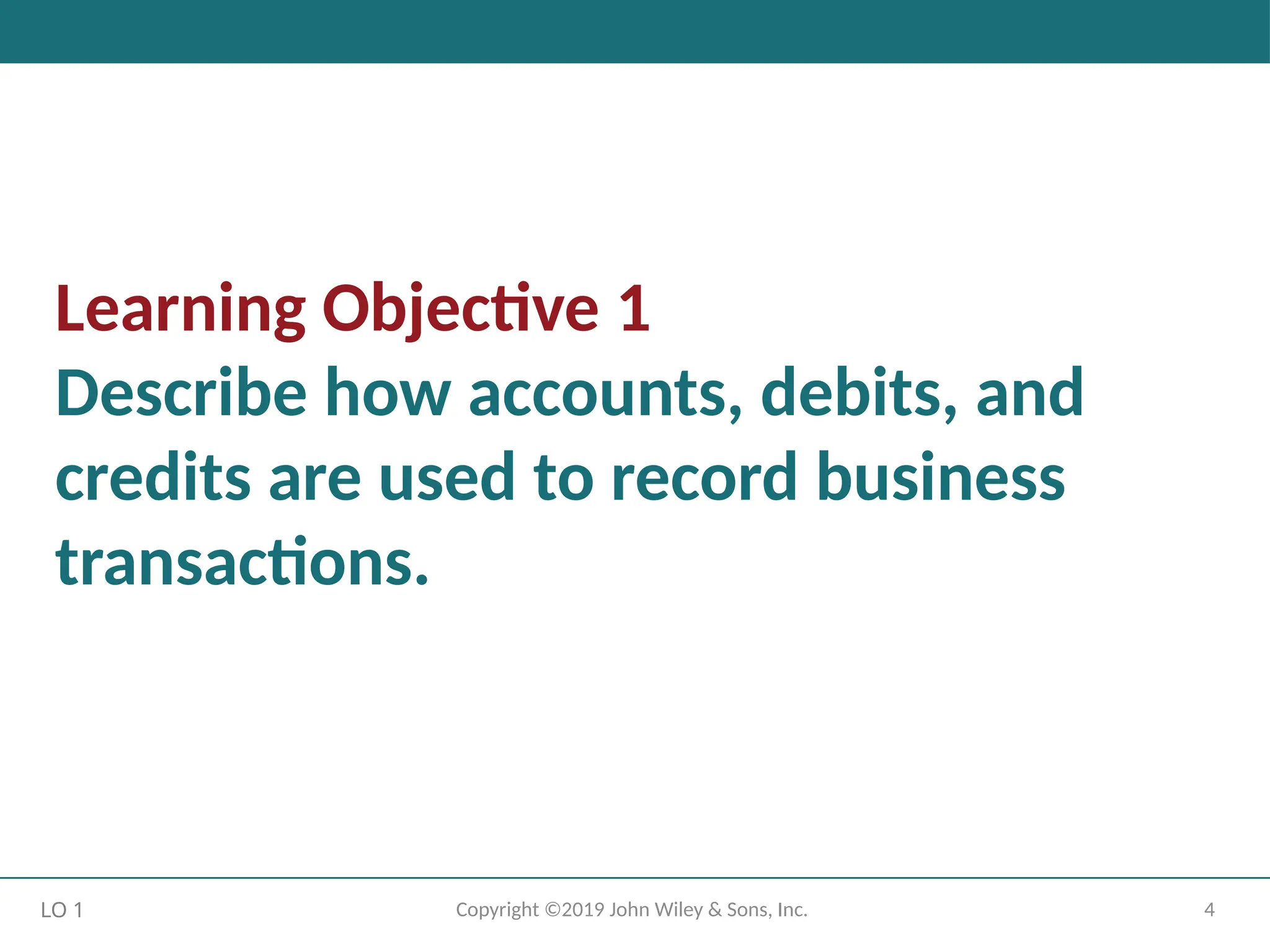 4
Copyright ©2019 John Wiley & Sons, Inc.
Learning Objective 1
Describe how accounts, debits, and
credits are used to record business
transactions.
LO 1
 