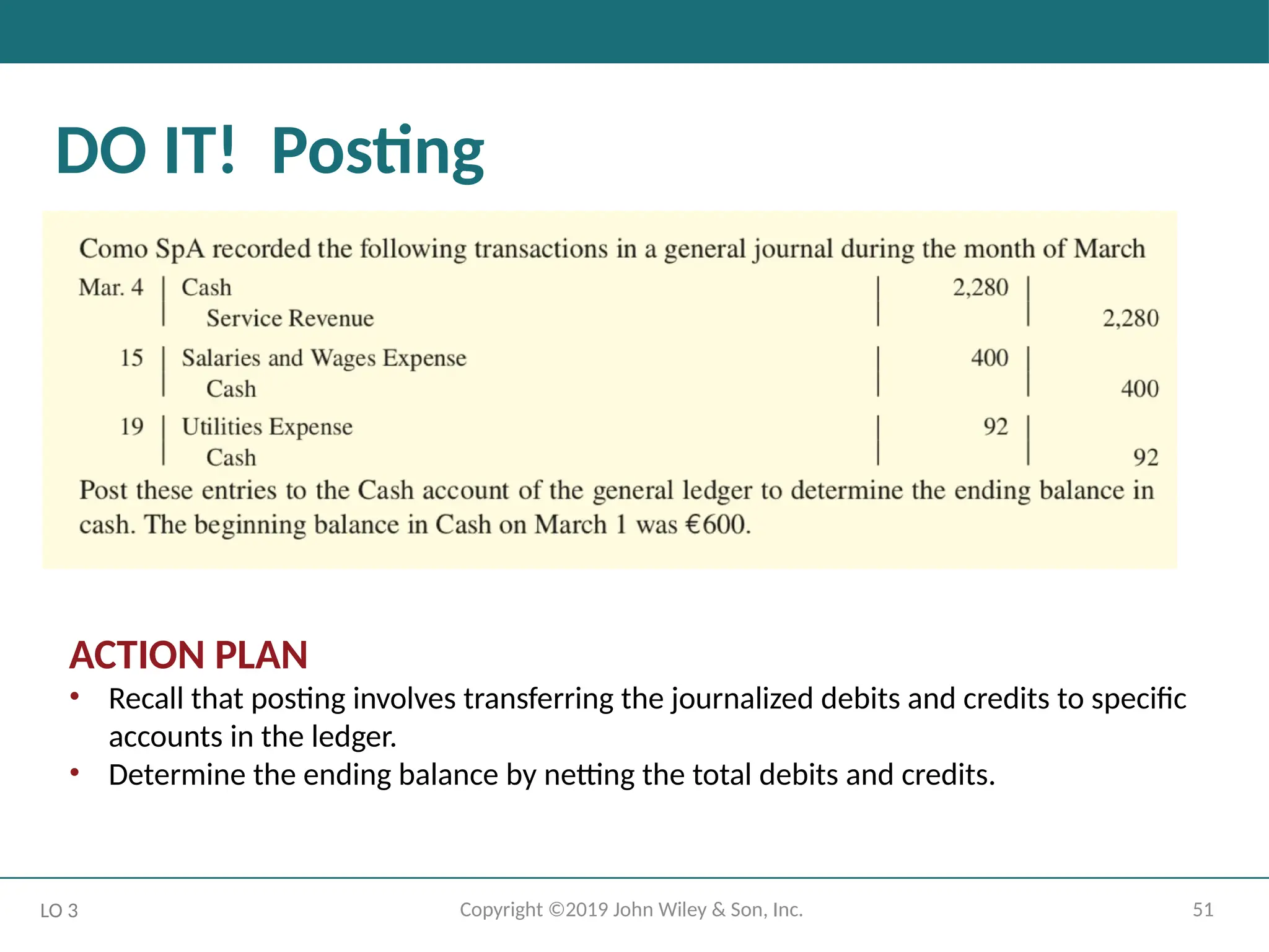 51
Copyright ©2019 John Wiley & Son, Inc.
DO IT! Posting
ACTION PLAN
• Recall that posting involves transferring the journalized debits and credits to specific
accounts in the ledger.
• Determine the ending balance by netting the total debits and credits.
LO 3
 
